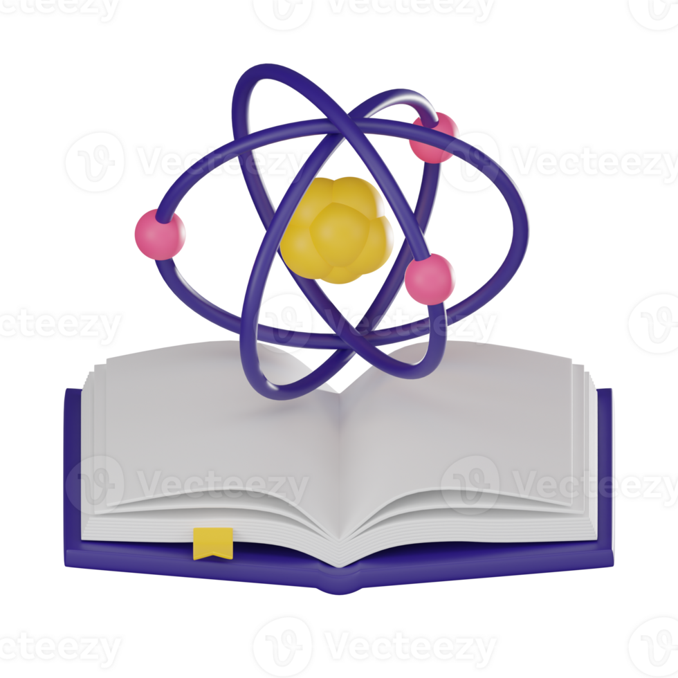 Educational Insight Science Book and Atom for Research and Learning. 3D Render png