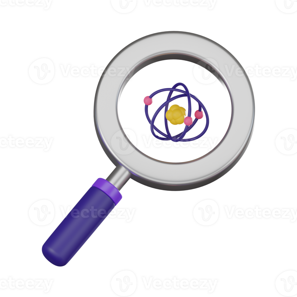 Discovery Magnifying Glass Explores Atom Structure. 3D Render png