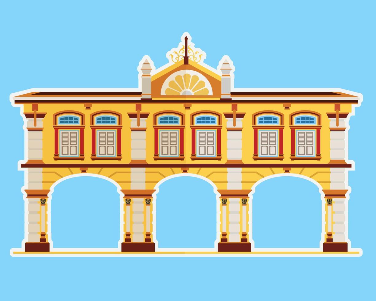 Detailed illustration of a vibrant yellow historic building with arched windows and columns against a bright blue background. vector