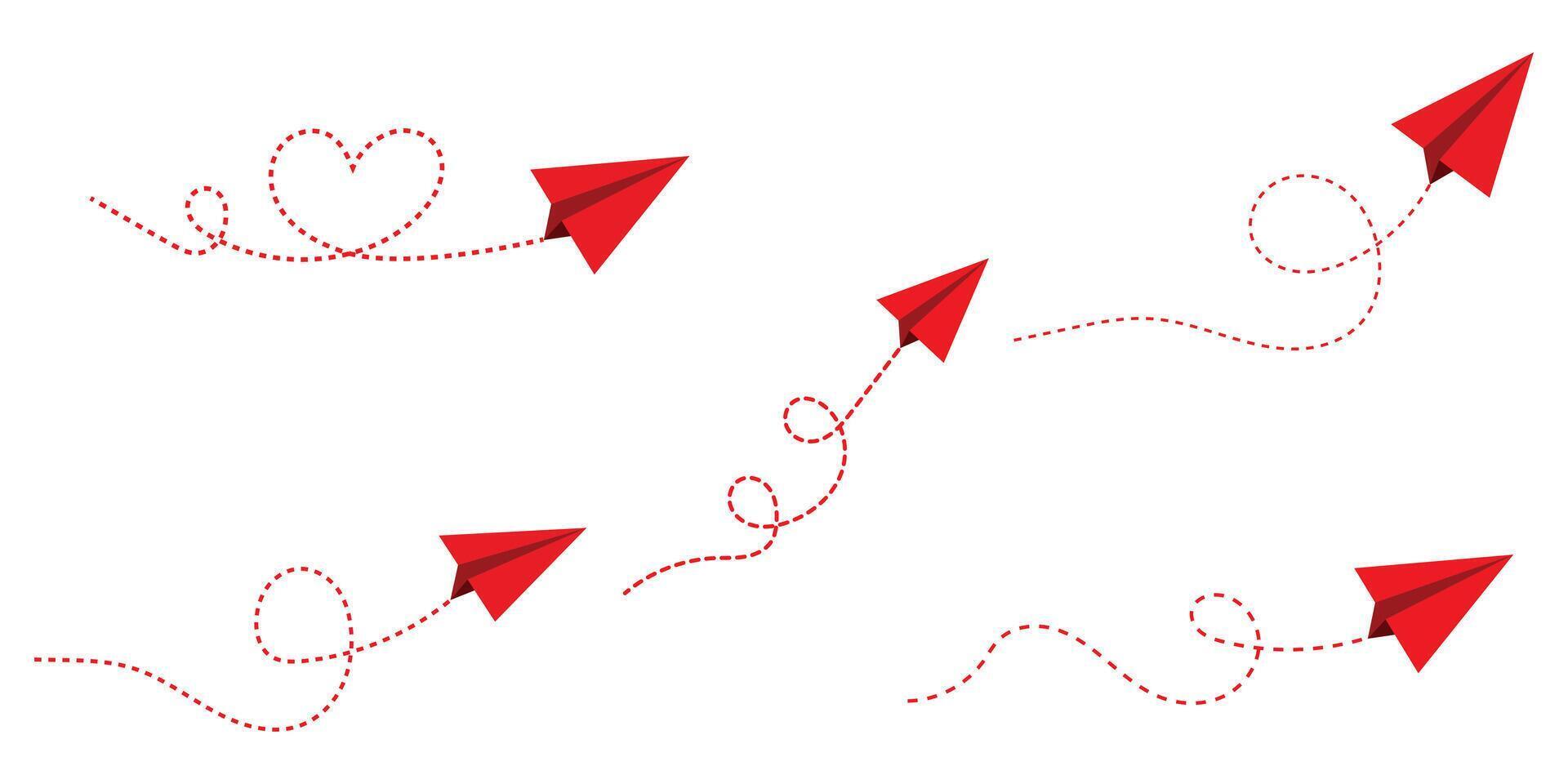 Realistic paper planes collection. Paper plane icon. Heart shaped Flying paper airplane with dotted air route and envelope. Paper planes, red planes with dotted route line. vector