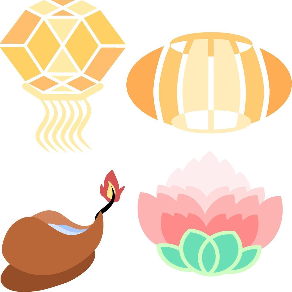 Icon set of vesak evemt symbol, there is lotus, and vesak lattern and candlelight vector
