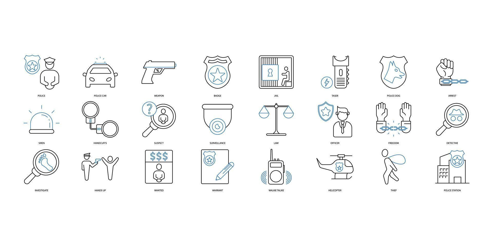 Police icons set. Set of editable stroke icons.Set of Police vector