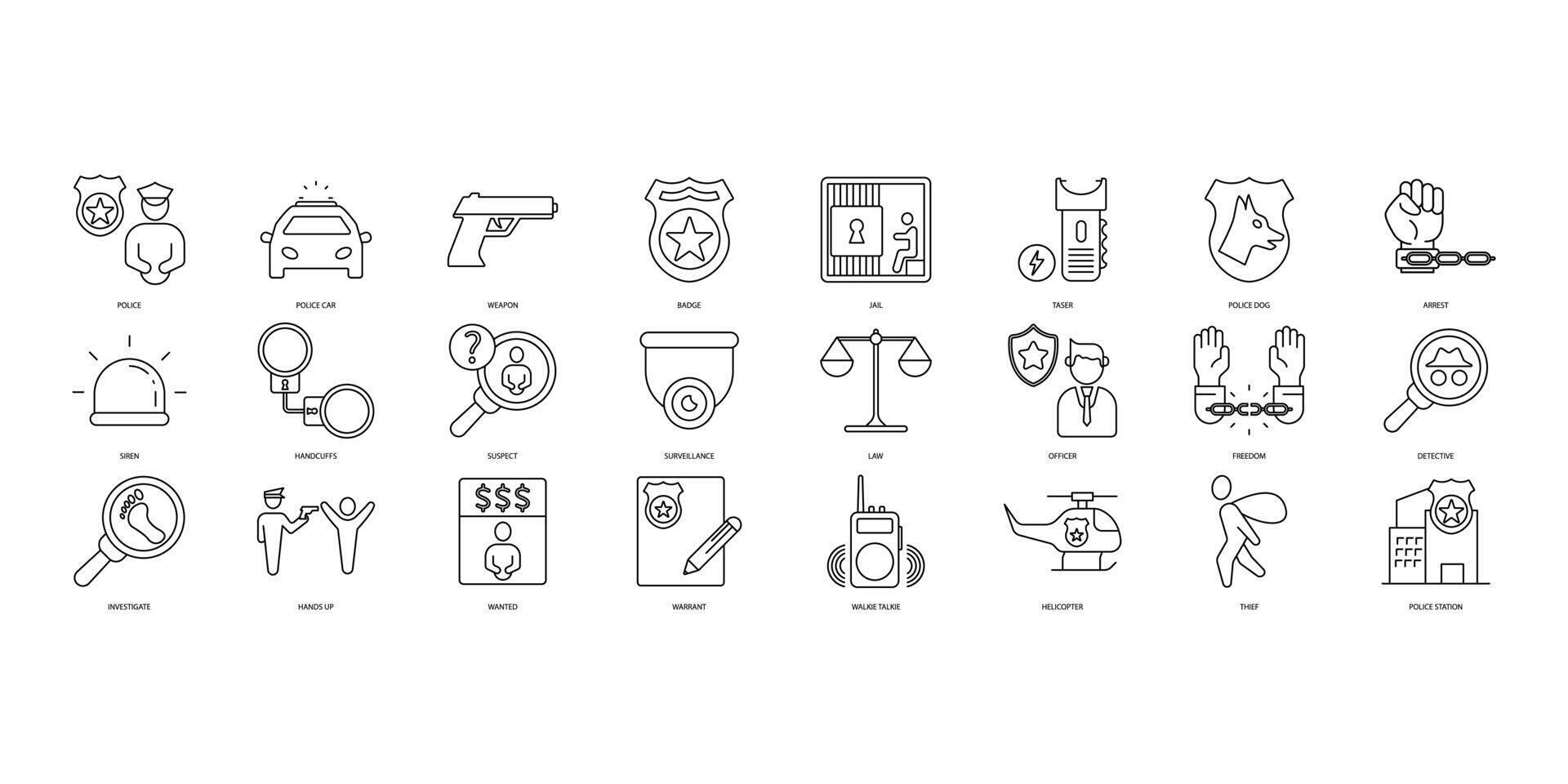 Police icons set. Set of editable stroke icons.Set of Police vector