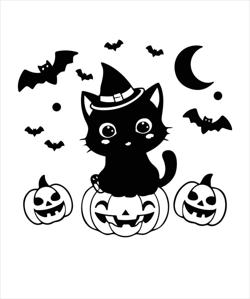 Set of black Halloween silhouettes. Collection of Halloween pumpkins, cat scary characters. illustration isolated on white vector