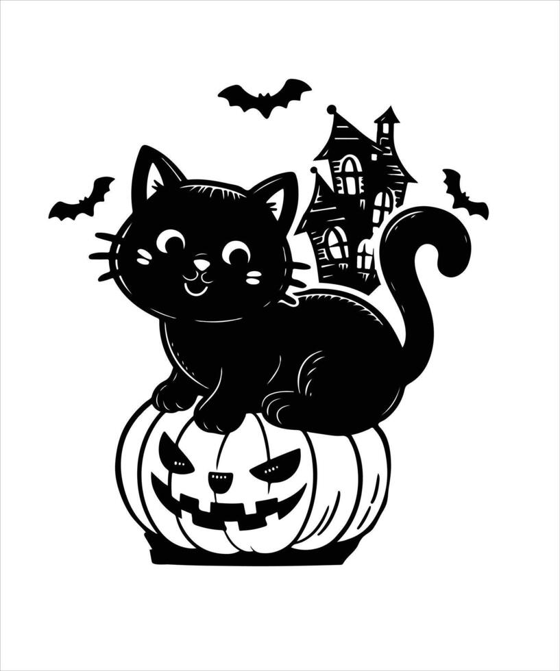Set of black Halloween silhouettes. Collection of Halloween pumpkins, cat scary characters. illustration isolated on white vector