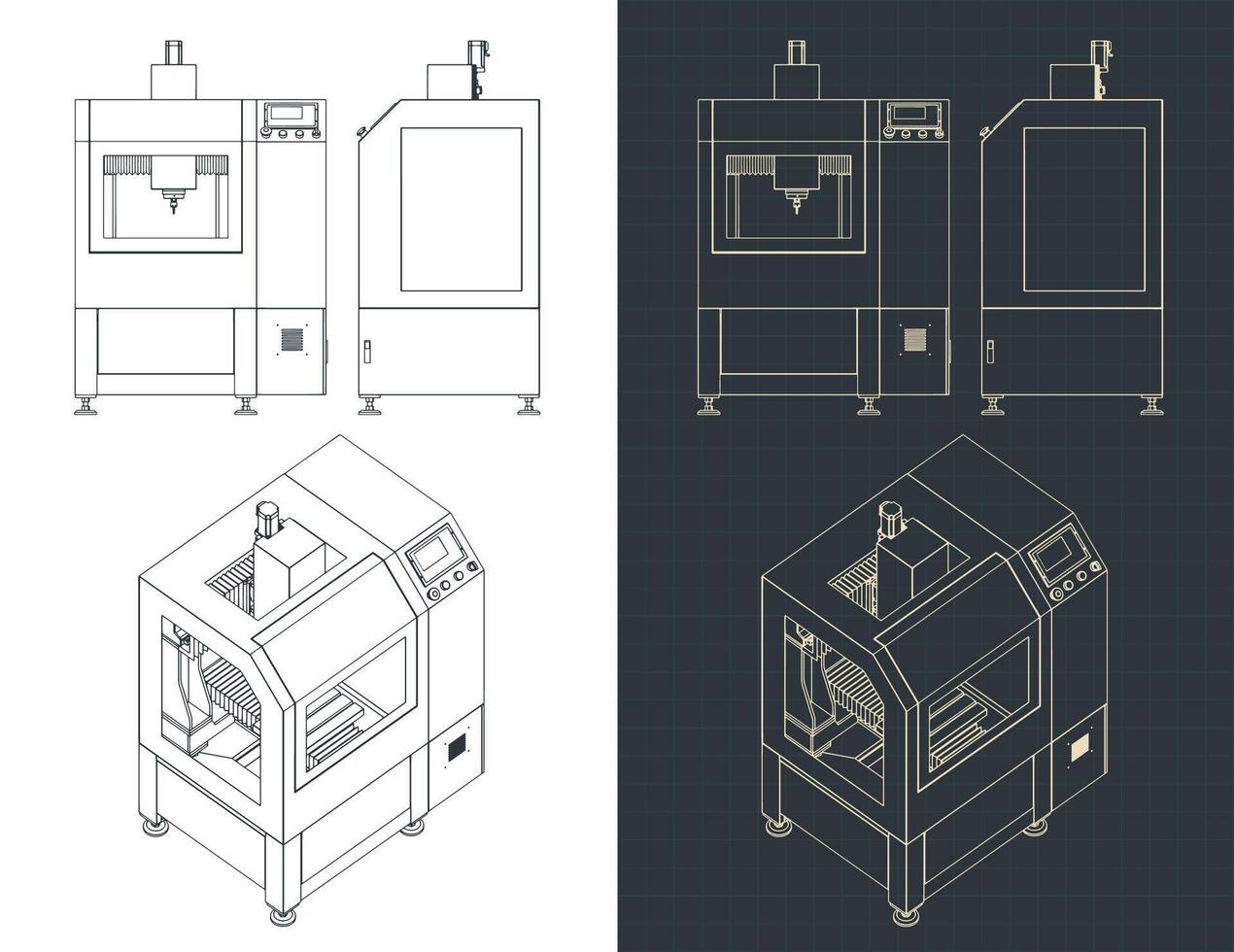 CNC turning milling machine drawings vector