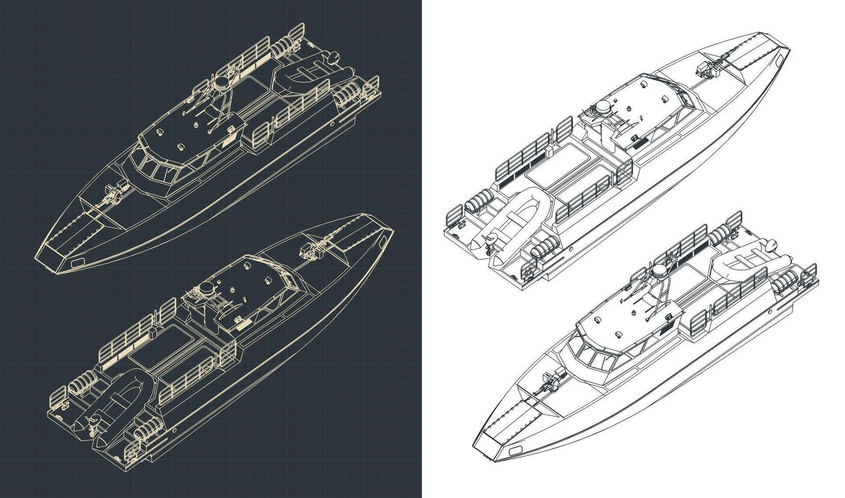 High speed patrol boat isometric blueprints vector