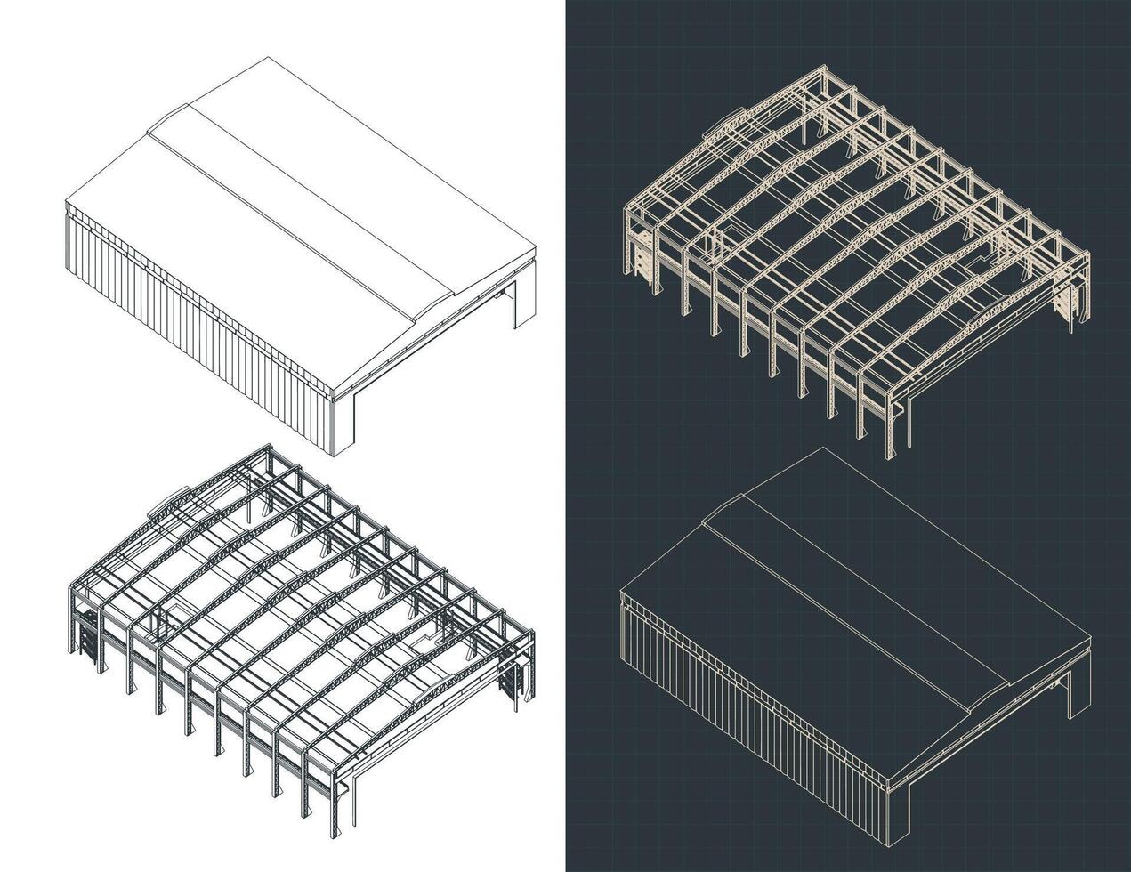 Large industrial hangar isometric blueprints vector