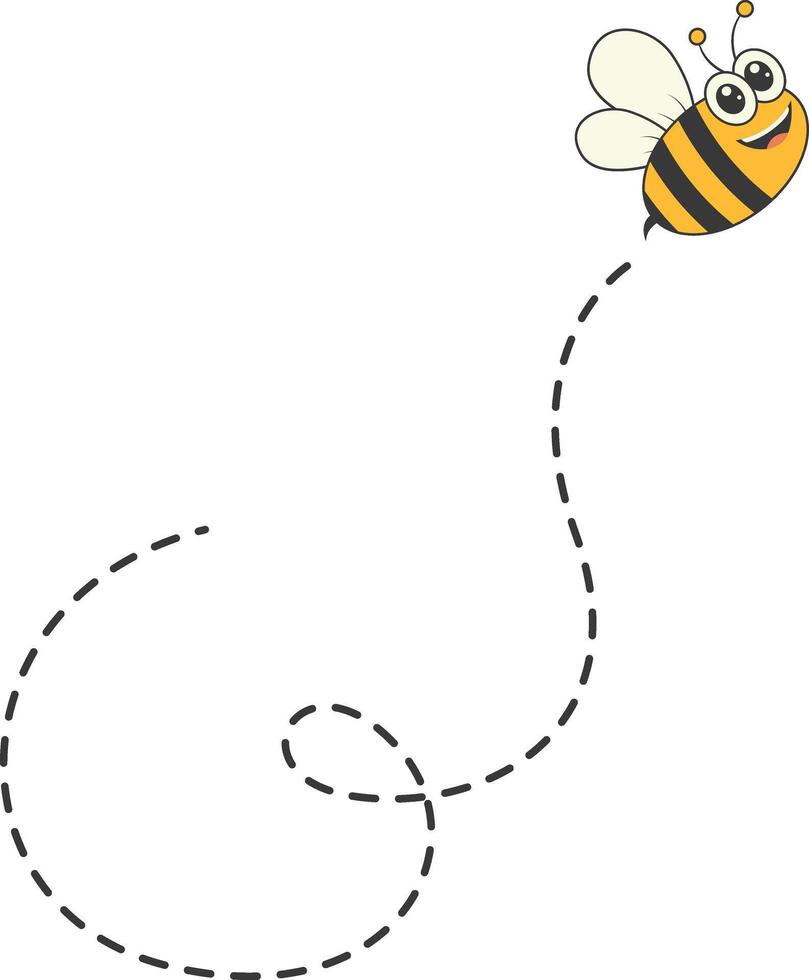 Bee Character Flying on a Dotted Path in Cartoon Design Style. Isolated on White Background vector