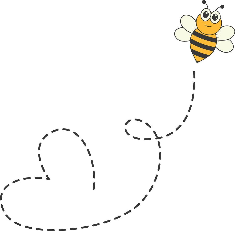Bee Character Flying on a Dotted Path in Cartoon Design Style. Isolated on White Background vector