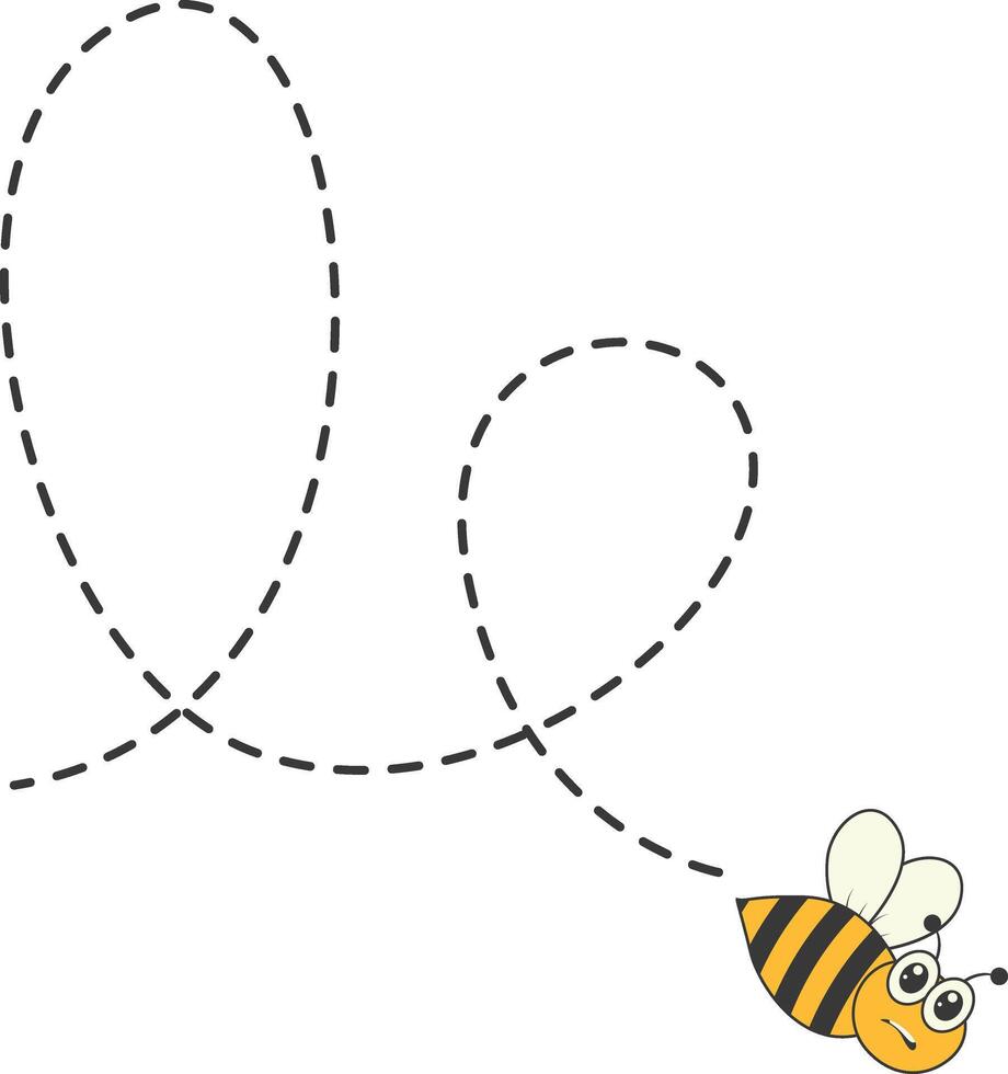 Bee Character Flying on a Dotted Path in Cartoon Design Style. Isolated on White Background vector