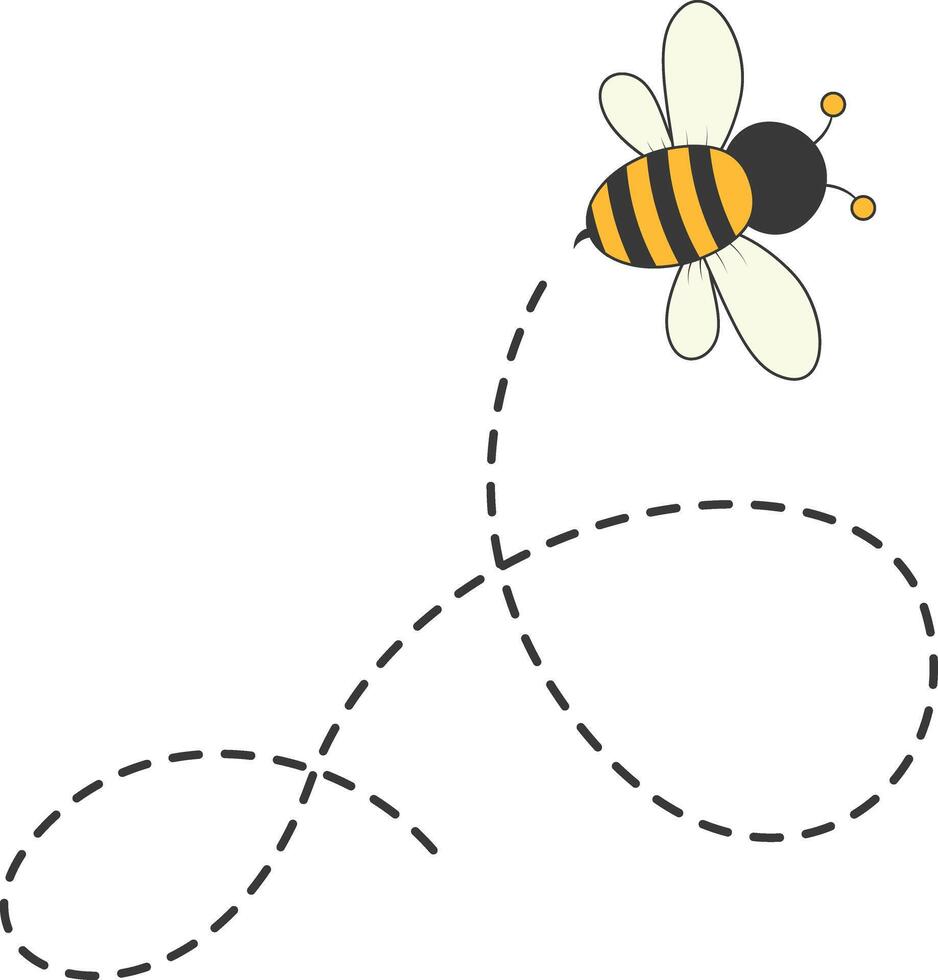 Bee Character Flying on a Dotted Path in Cartoon Design Style. Isolated on White Background vector