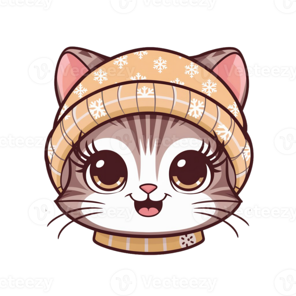 cute smiling kawaii cat with warm hat png