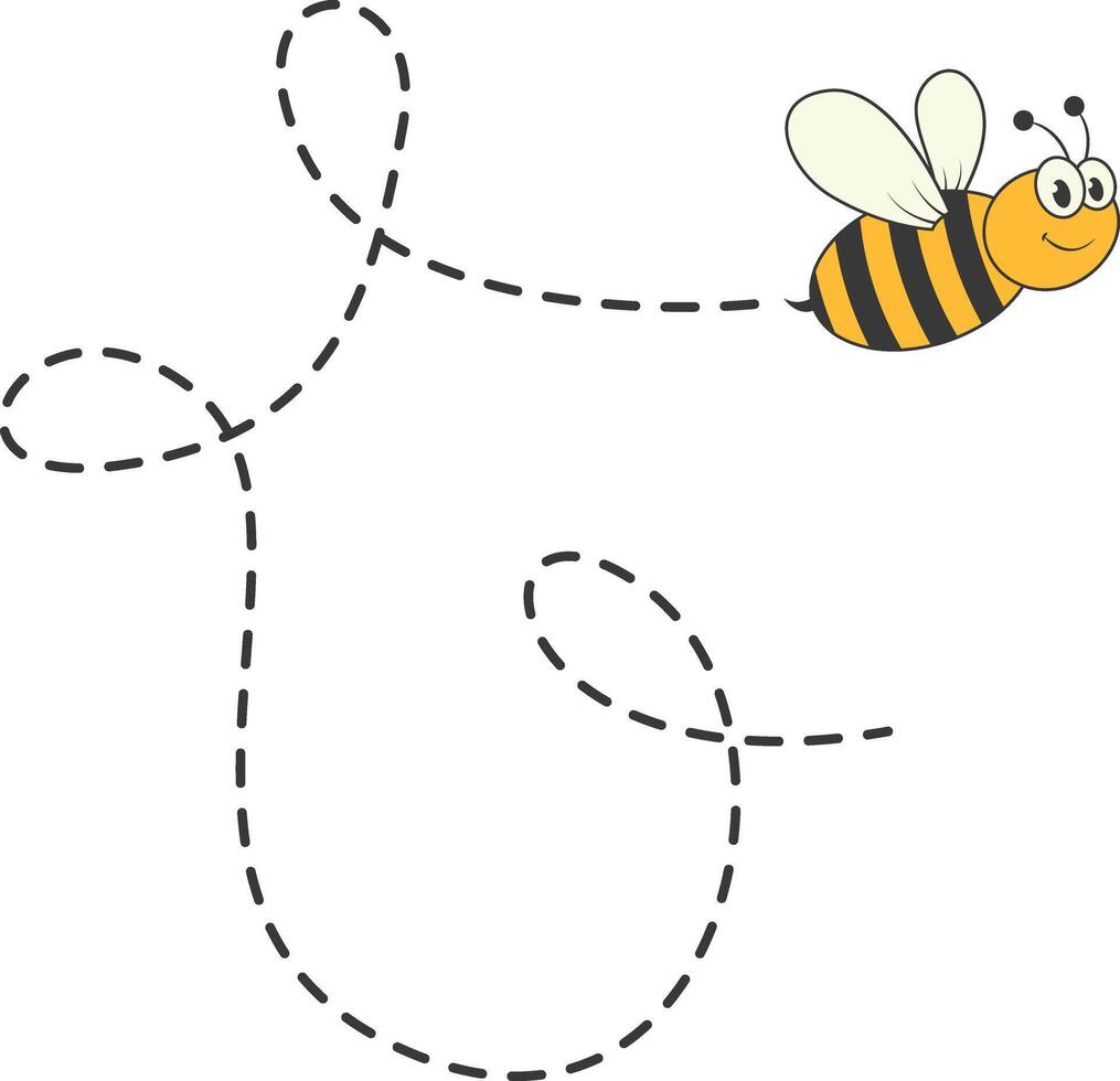 Bee Character Flying on a Dotted Path in Cartoon Design Style. Isolated on White Background vector