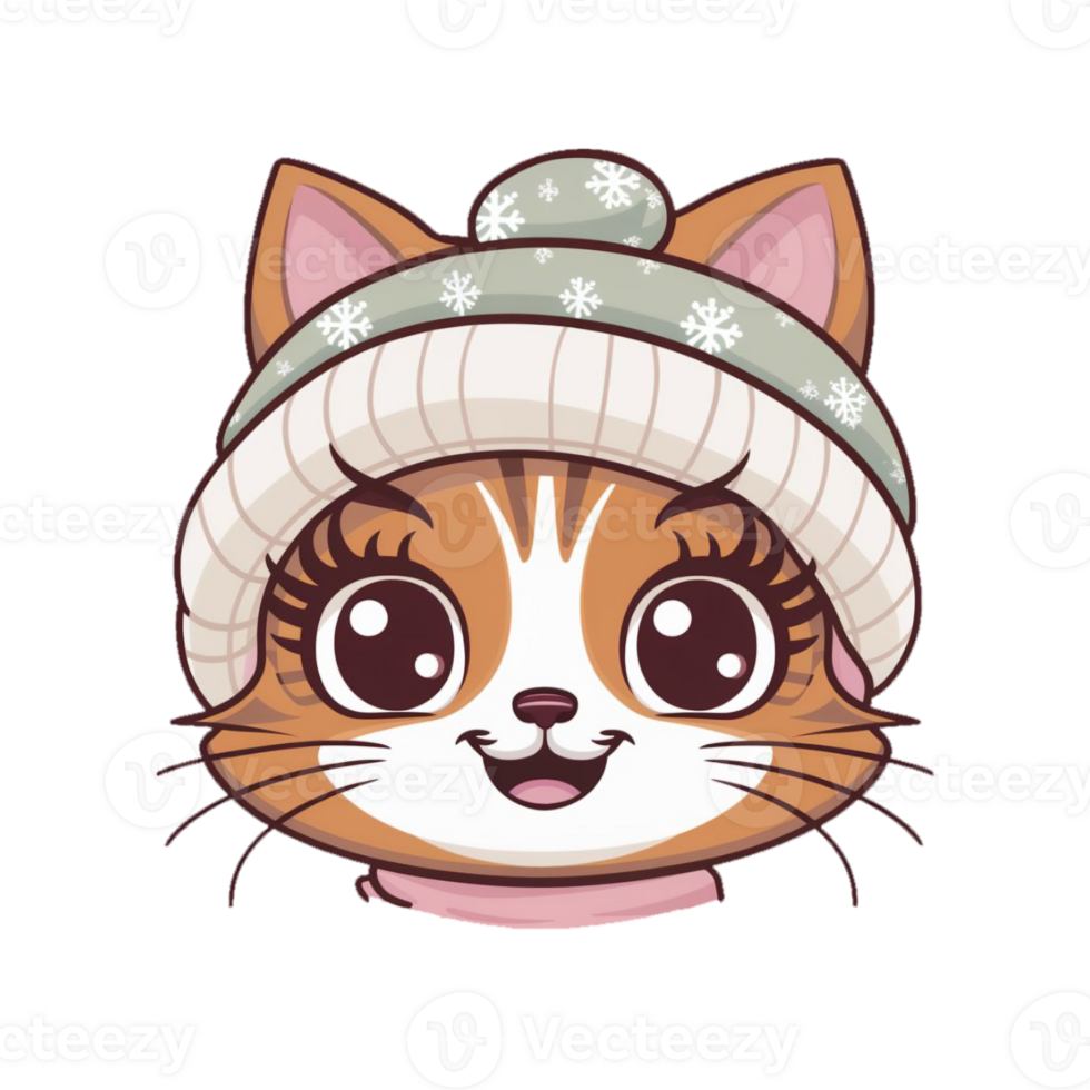 cute smiling kawaii cat with warm hat png