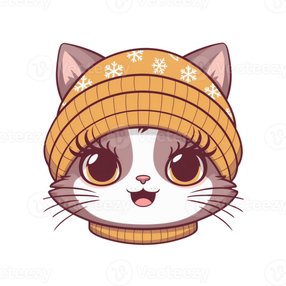cute smiling kawaii cat with warm hat png