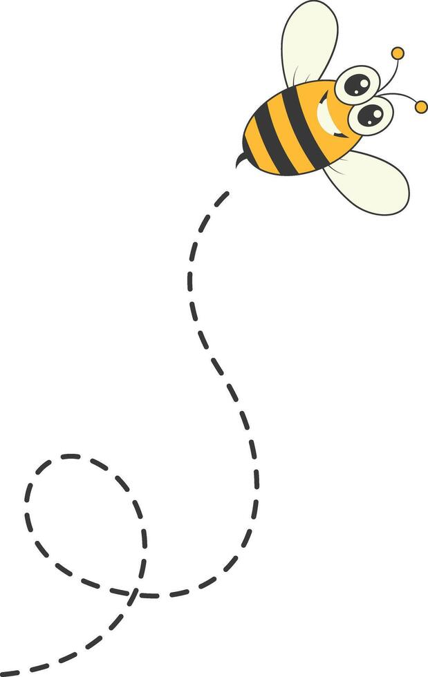 Bee Character Flying on a Dotted Path in Cartoon Design Style. Isolated on White Background vector