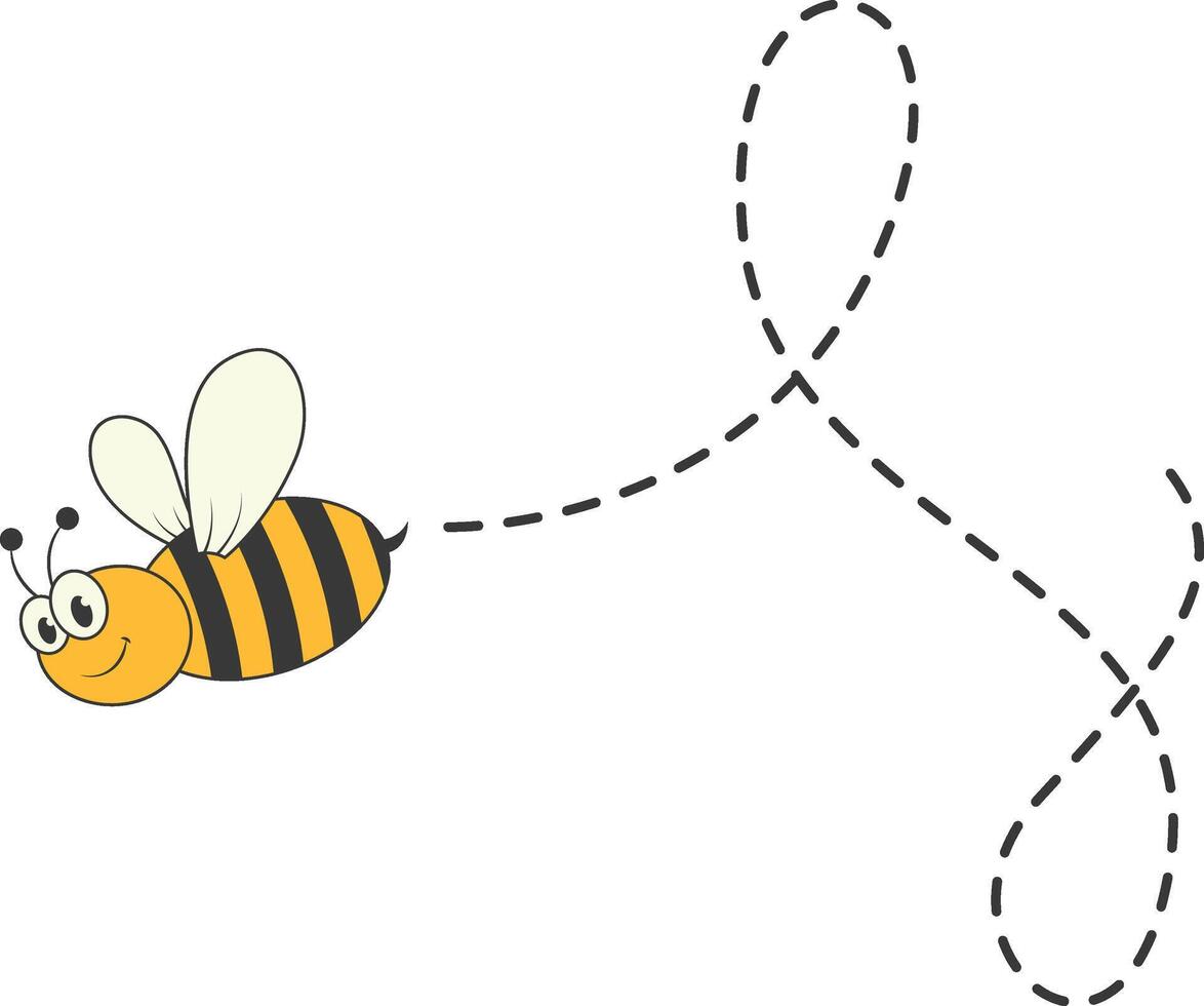 Bee Character Flying on a Dotted Path in Cartoon Design Style. Isolated on White Background vector