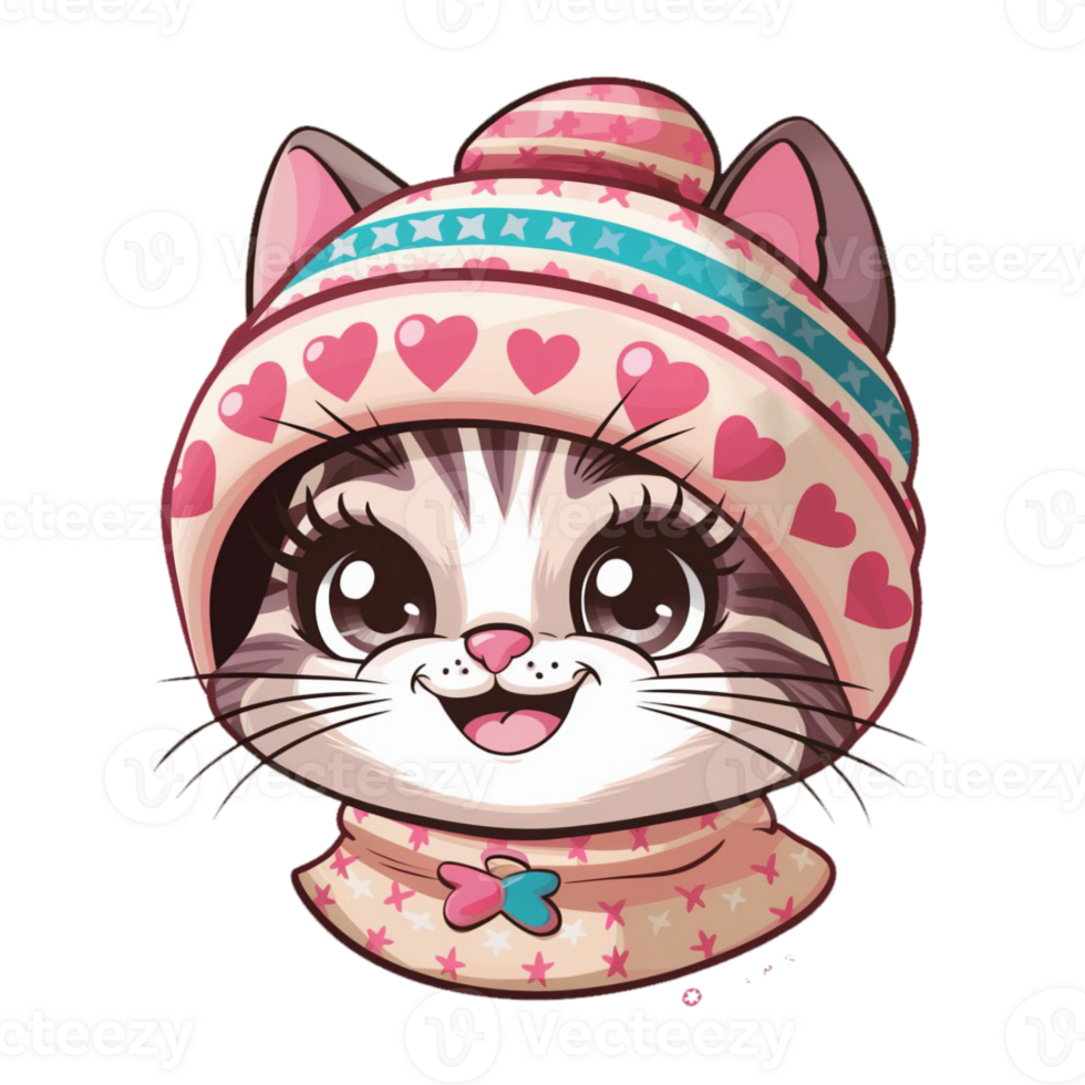 cute smiling kawaii cat with warm hat png