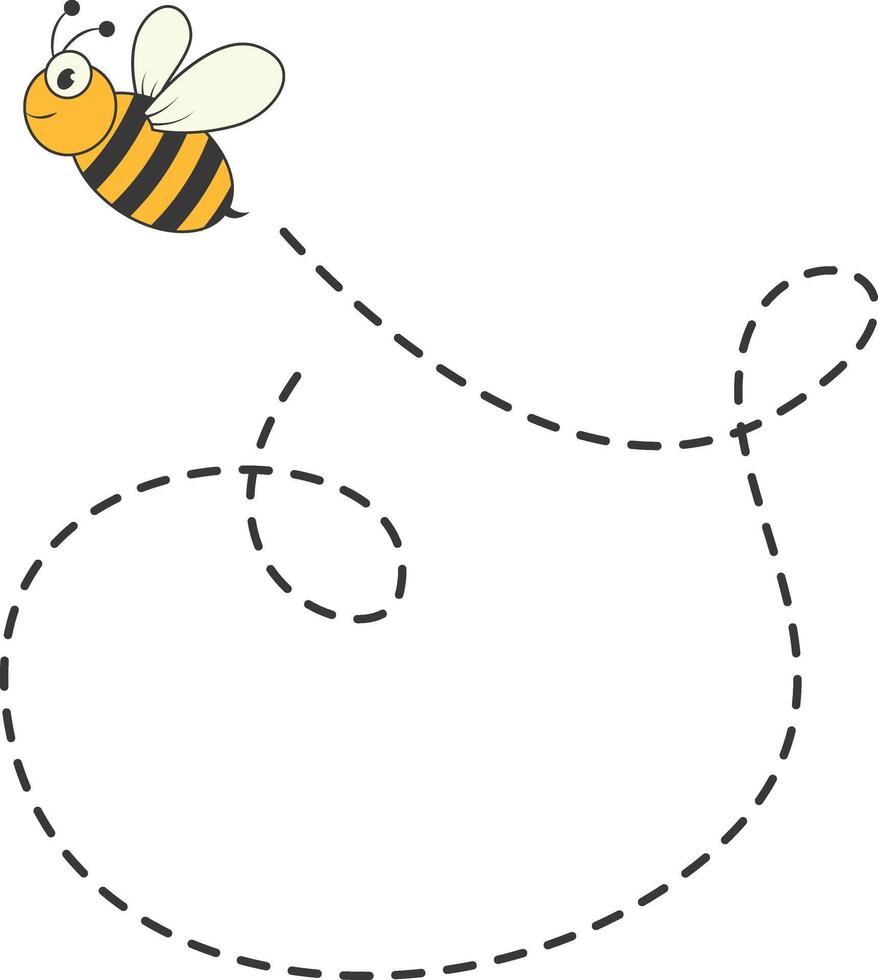 Bee Character Flying on a Dotted Path in Cartoon Design Style. Isolated on White Background vector
