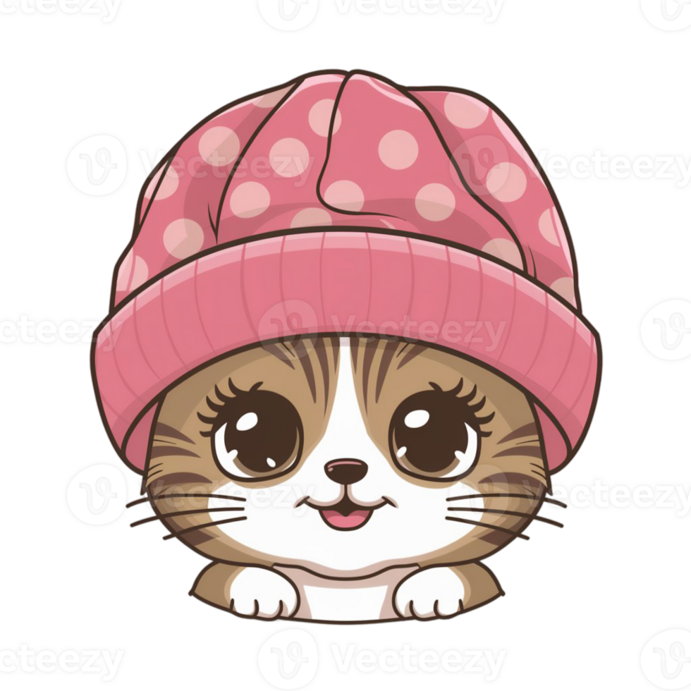 cute smiling kawaii cat with warm hat png