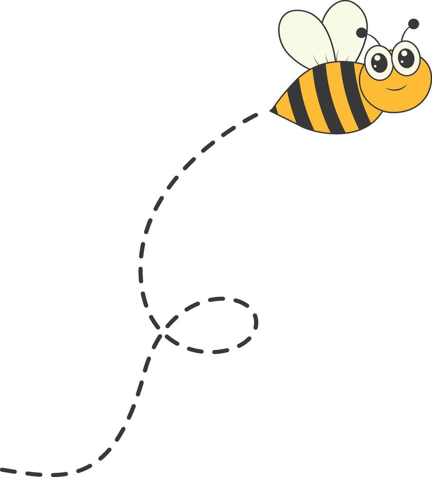 Bee Character Flying on a Dotted Path in Cartoon Design Style. Isolated on White Background vector