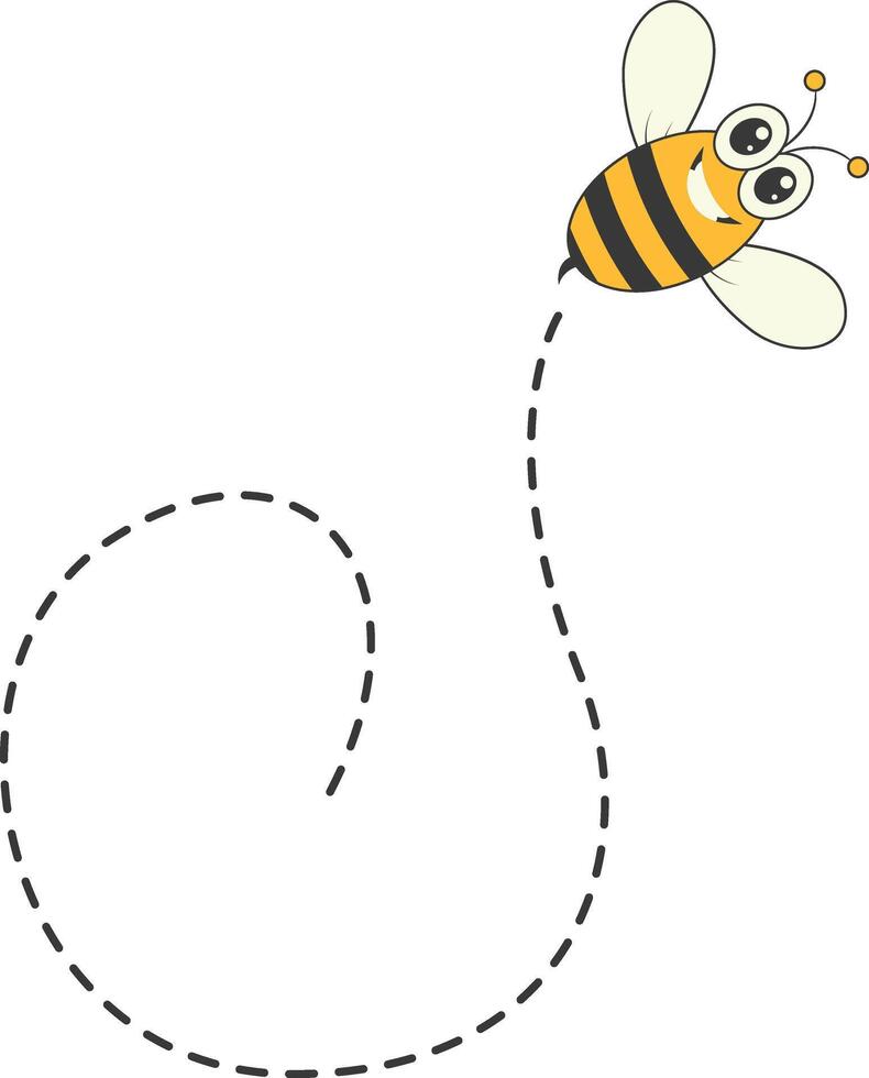 Bee Character Flying on a Dotted Path in Cartoon Design Style. Isolated on White Background vector