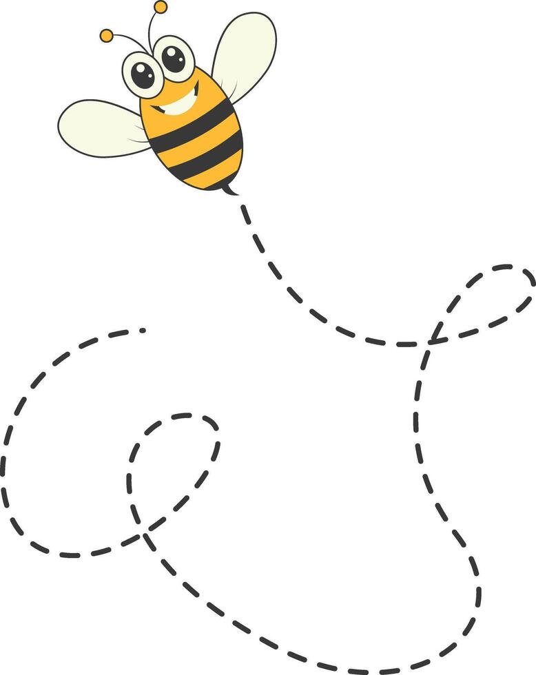 Bee Character Flying on a Dotted Path in Cartoon Design Style. Isolated on White Background vector