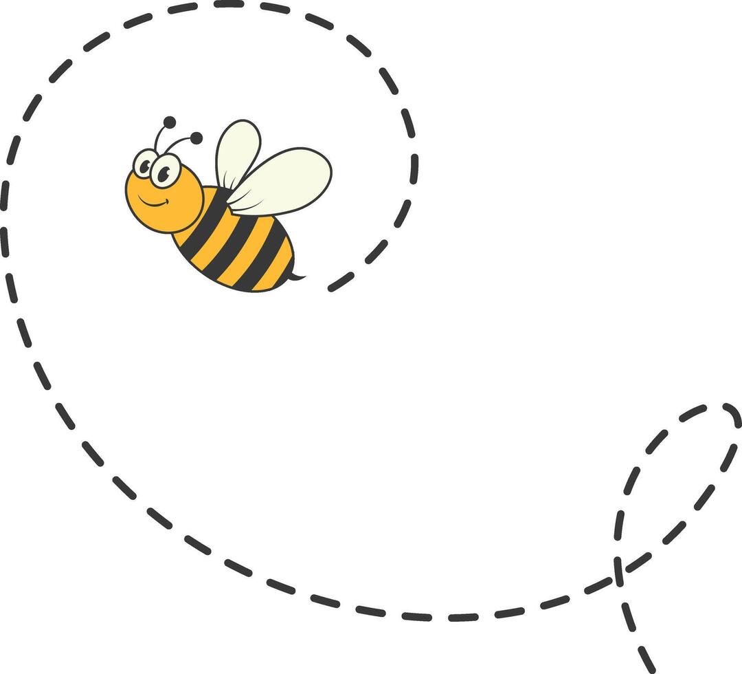 Bee Character Flying on a Dotted Path in Cartoon Design Style. Isolated on White Background vector