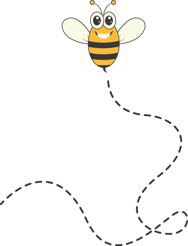 Bee Character Flying on a Dotted Path in Cartoon Design Style. Isolated on White Background vector