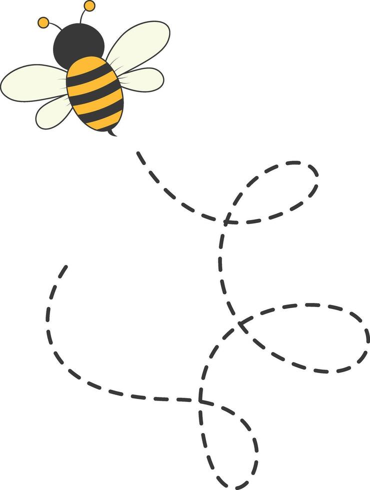 Bee Character Flying on a Dotted Path in Cartoon Design Style. Isolated on White Background vector