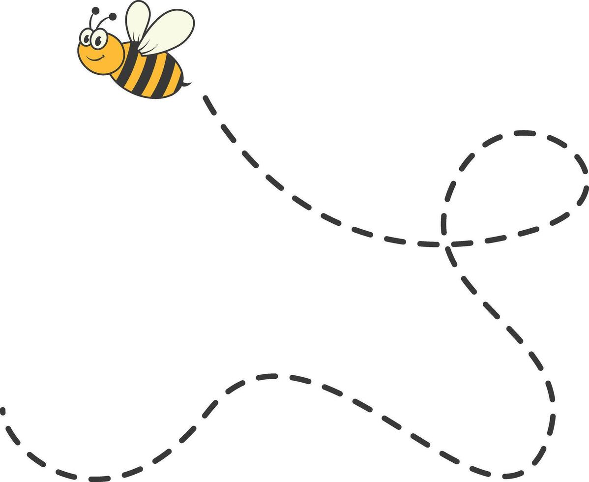 Bee Character Flying on a Dotted Path in Cartoon Design Style. Isolated on White Background vector