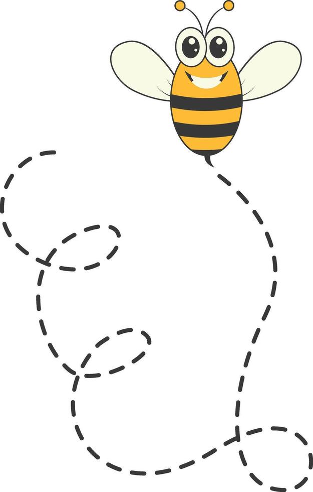 Bee Character Flying on a Dotted Path in Cartoon Design Style. Isolated on White Background vector