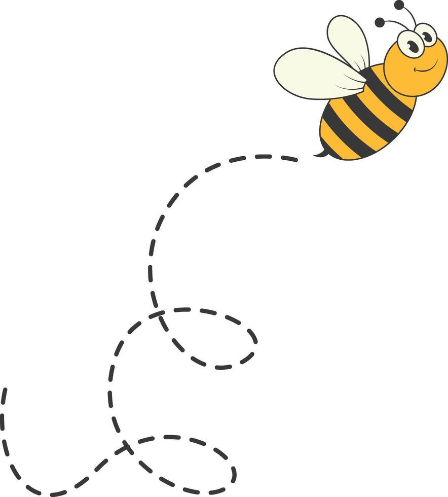 Bee Character Flying on a Dotted Path in Cartoon Design Style. Isolated on White Background vector