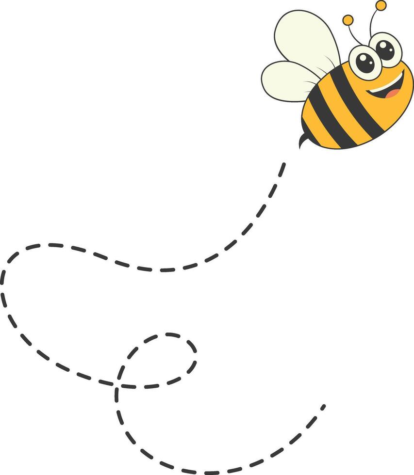Bee Character Flying on a Dotted Path in Cartoon Design Style. Isolated on White Background vector