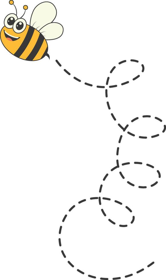 Bee Character Flying on a Dotted Path in Cartoon Design Style. Isolated on White Background vector