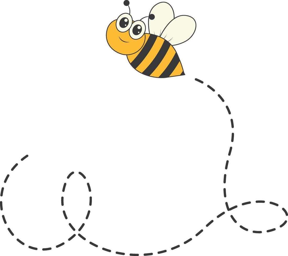 Bee Character Flying on a Dotted Path in Cartoon Design Style. Isolated on White Background vector