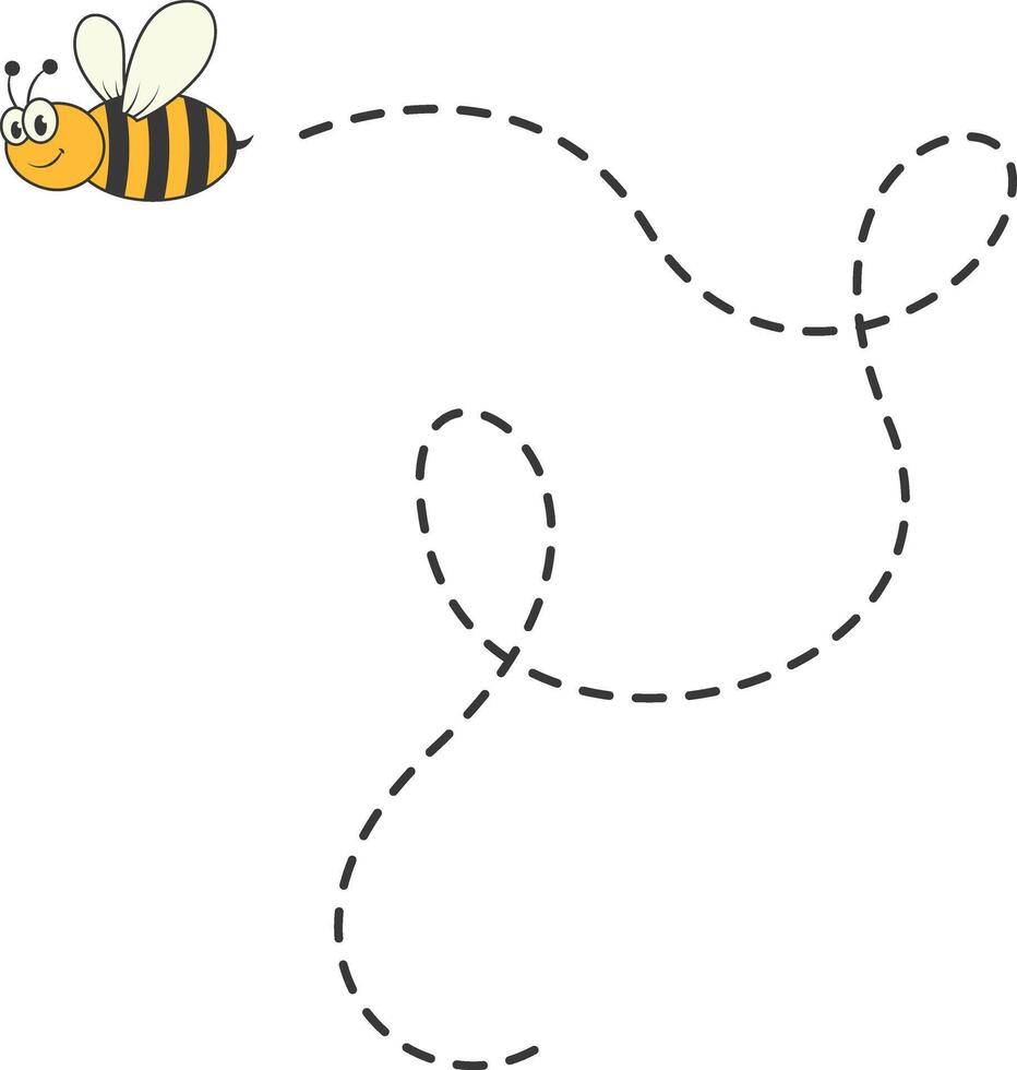 Bee Character Flying on a Dotted Path in Cartoon Design Style. Isolated on White Background vector