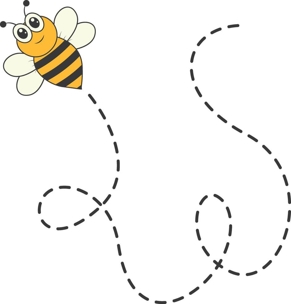 Bee Character Flying on a Dotted Path in Cartoon Design Style. Isolated on White Background vector