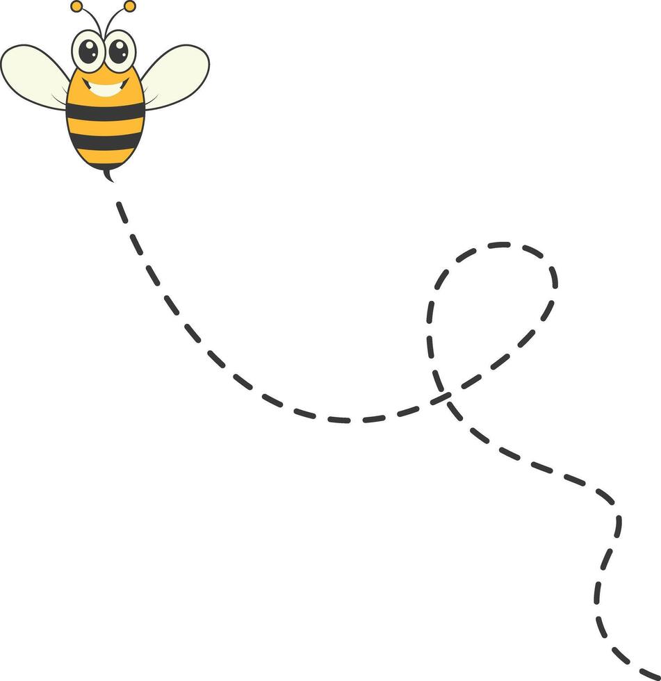 Bee Character Flying on a Dotted Path in Cartoon Design Style. Isolated on White Background vector