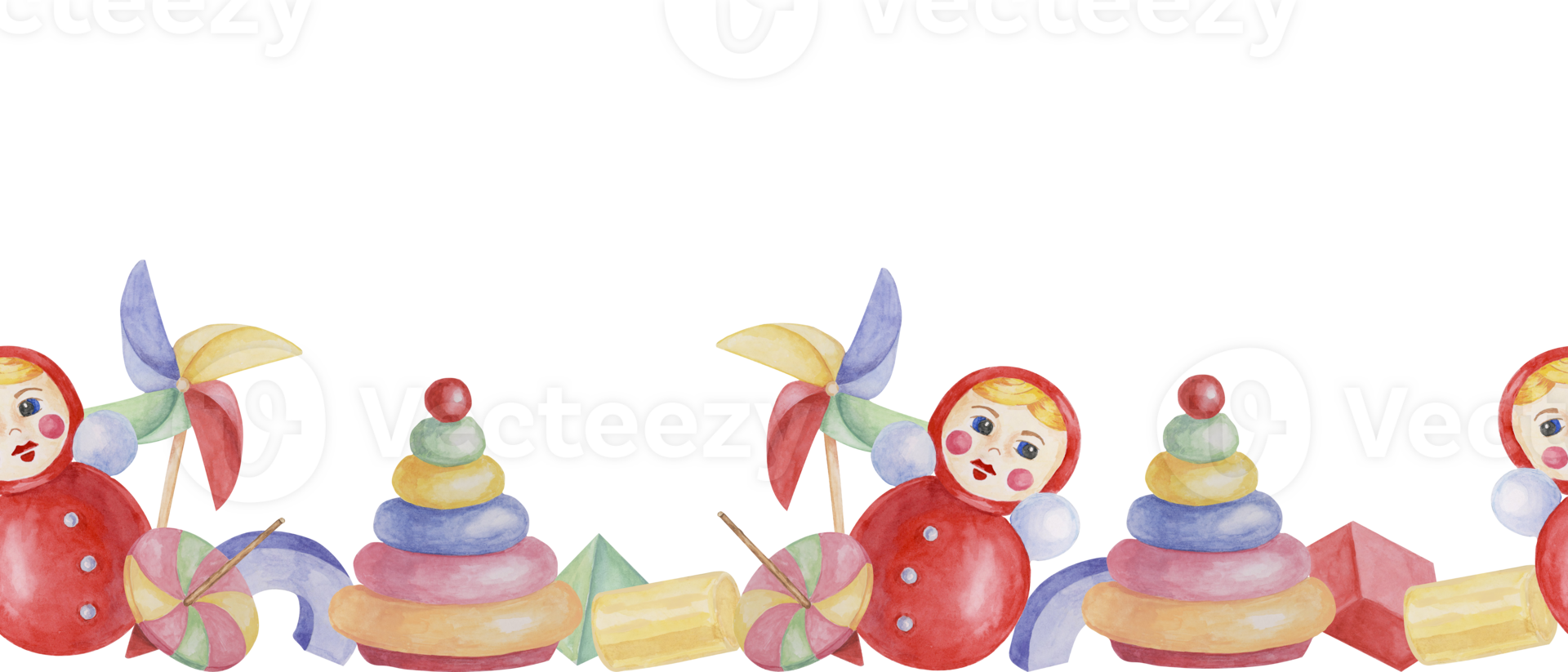 Toys seamless border, doll with pinwheel, colorful blocks and stacking ring tower ribbon clipart. Watercolor play objects wallpaper for nursery decor, fabric, baby shower, girl toddler room, cards png