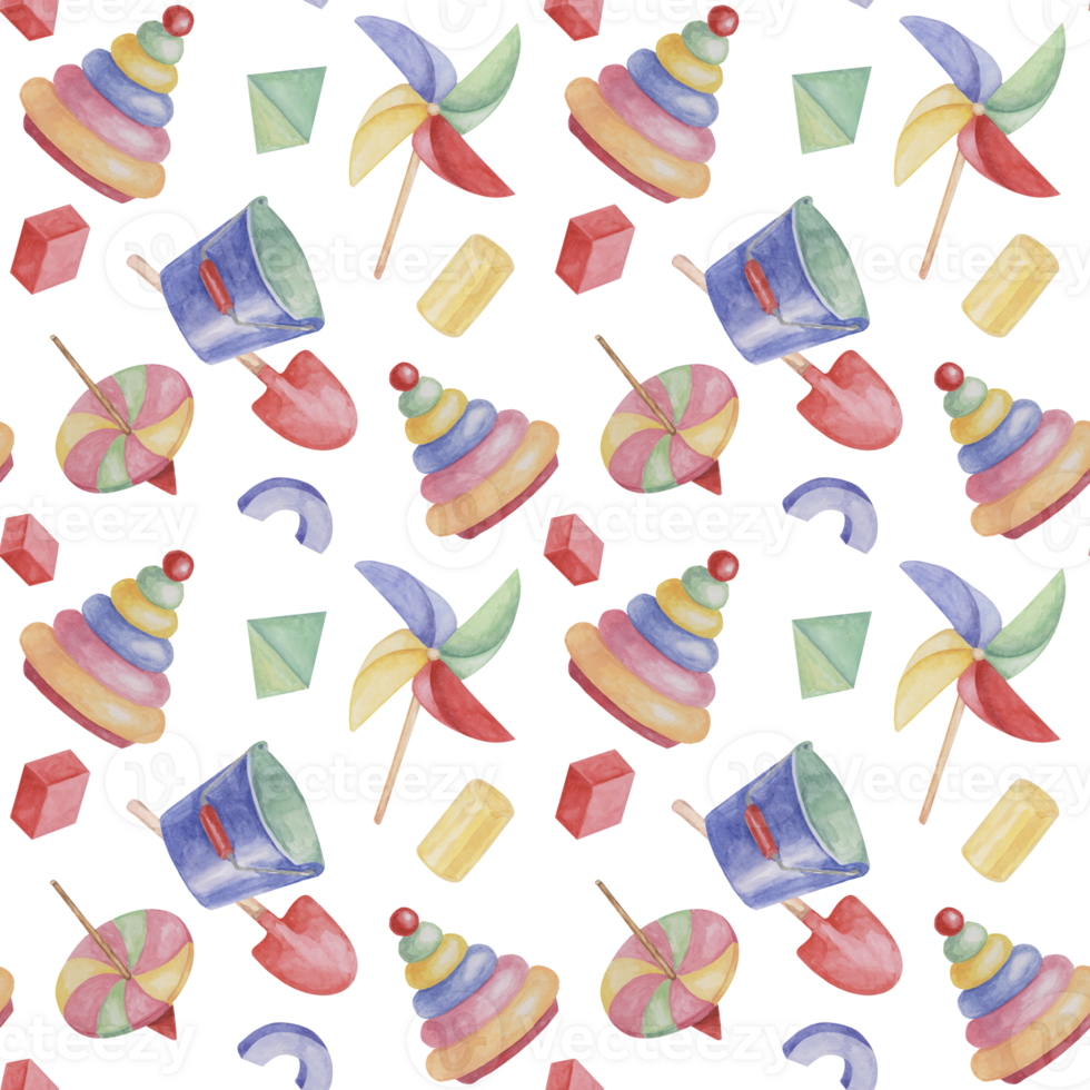 Baby seamless pattern with ring tower, toys, pencils, bucket and shovel in watercolor. Retro toys ornament Hand drawn textile print for kids, children's wallpaper, wrapping, packaging, scrapbooking png