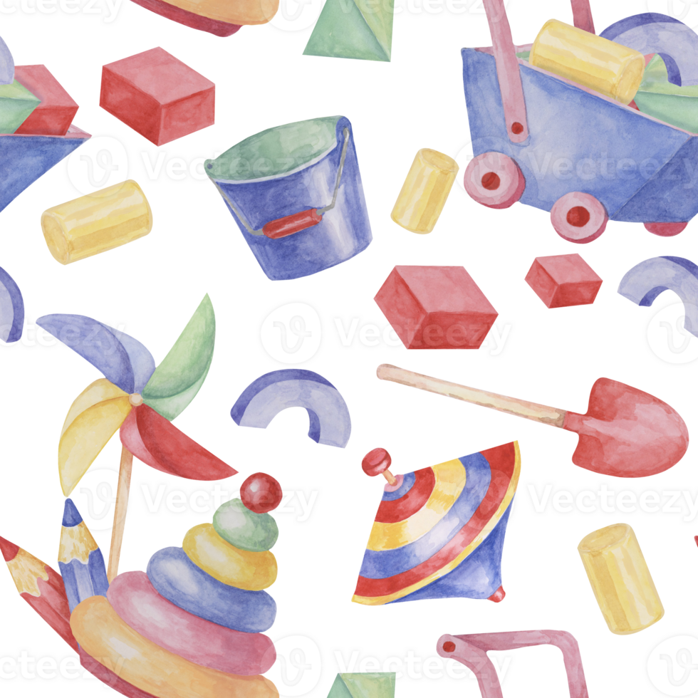 Baby seamless pattern with wheelbarrow, bucket, shovel, stack rings, pinwheel in watercolor. Retro toy ornament Hand drawn textile print for kids, children's wallpaper, wrapping, present, scrapbooking png