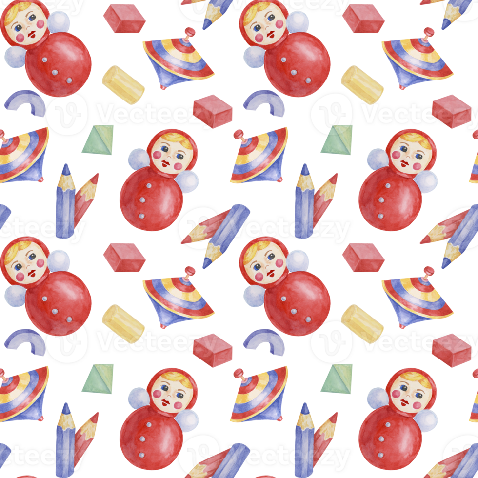 Baby seamless pattern with roly-poly doll, pencils, humming top in watercolor. Retro nursery toy ornament Hand drawn textile print for kids room, children's wallpaper, wrapping, present, scrapbooking png