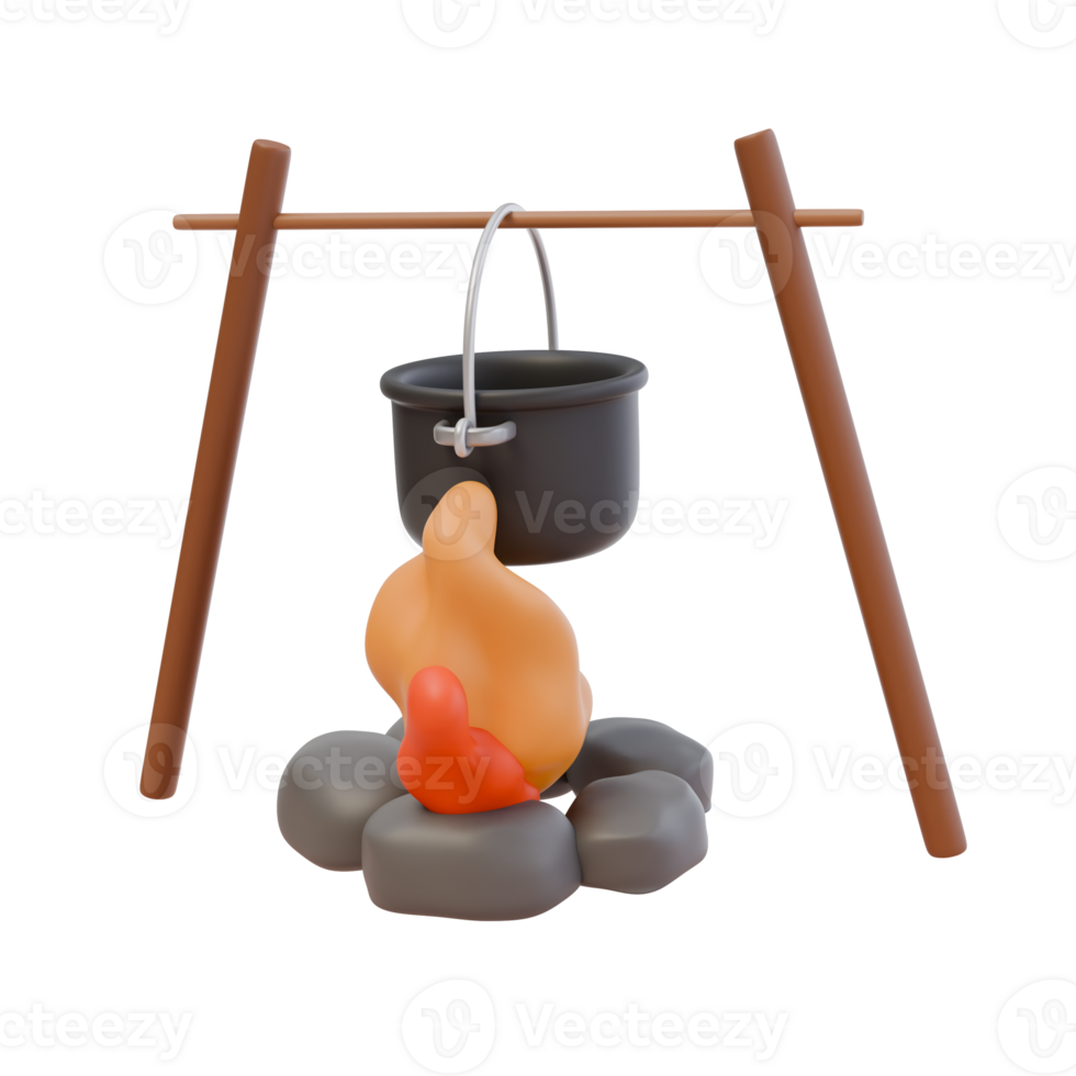 3d render illustration of campfire with stone and cooking pot. Camping picnic, tourism concept. Isolated object png