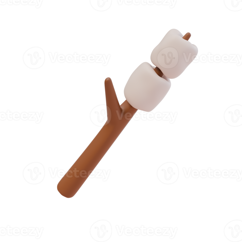 3d render illustration of roasted marshmallow on stick. camping concept, travel, hiking. Isolated object png