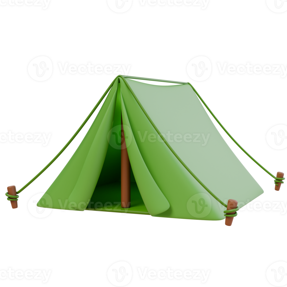 3d render illustration of tourist camping tent. Green folding house for mountain travel and hiking. Isolated object png
