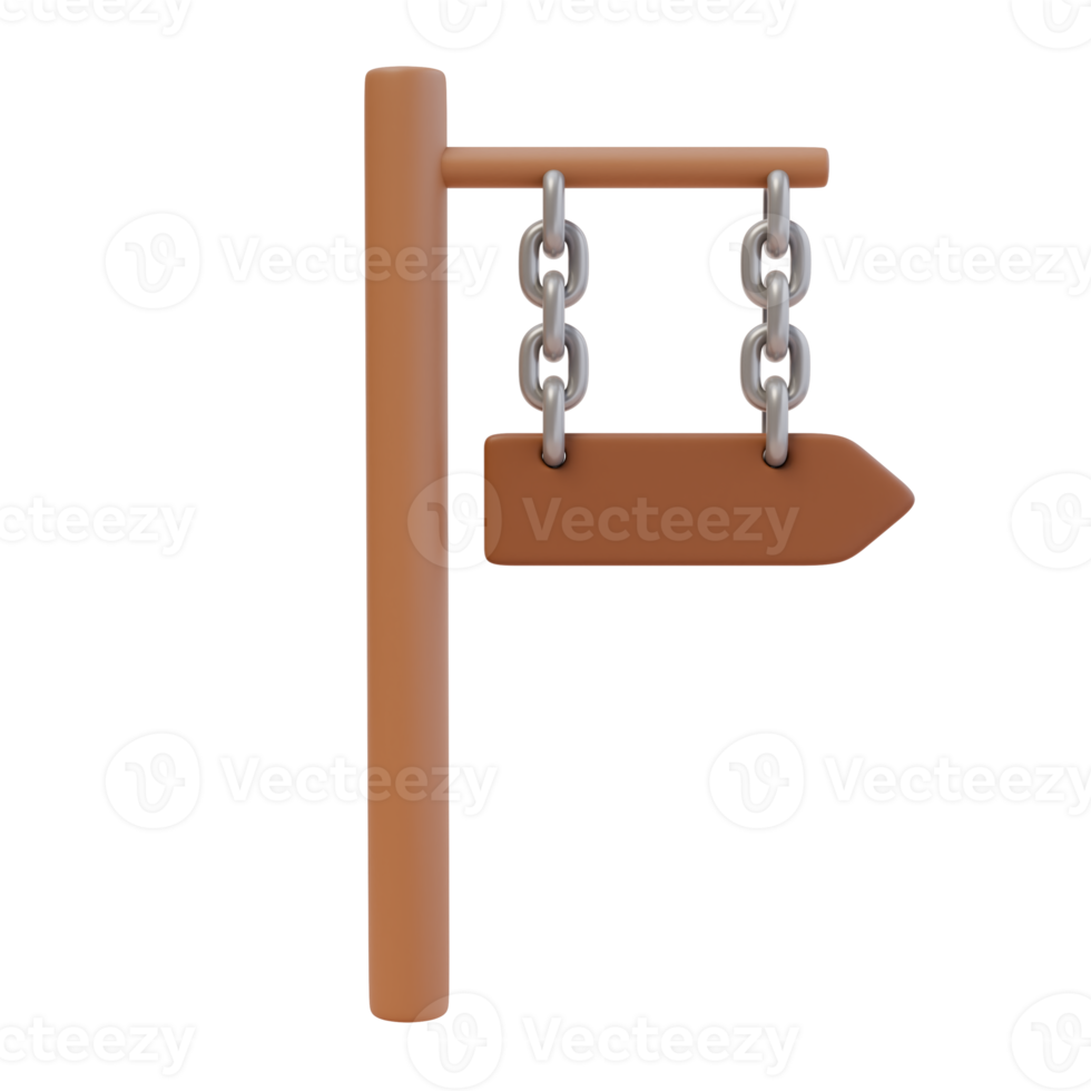 3d render illustration of signpost with arrow on a metal chain. Wooden signboard. Direction pointer, divarication guidepost. Isolated object png