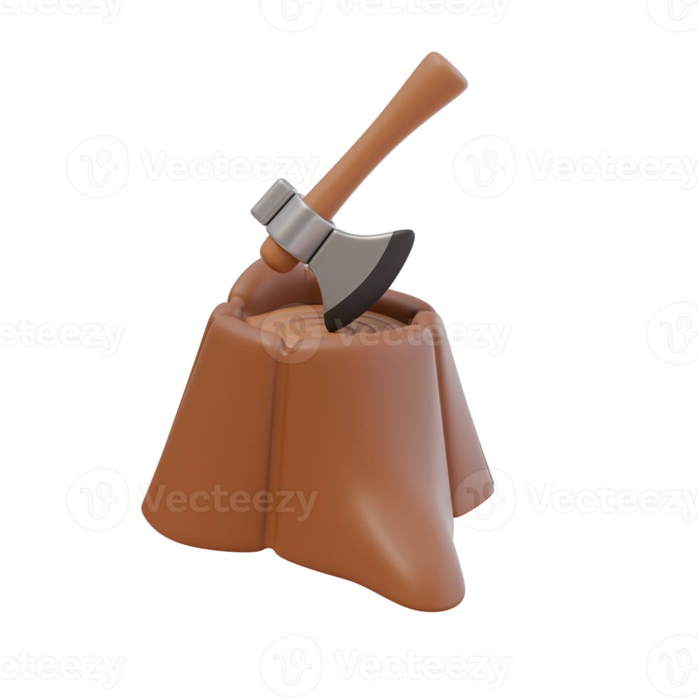 3d render illustration of stump with axe. Camping and hiking concept. Isolated object png