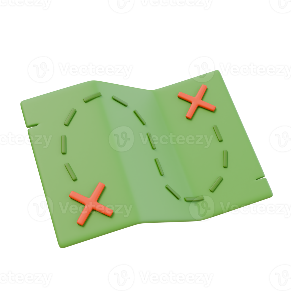 3d render illustration of treasure map with points. geolocating travel, camping spots. Isolated object png